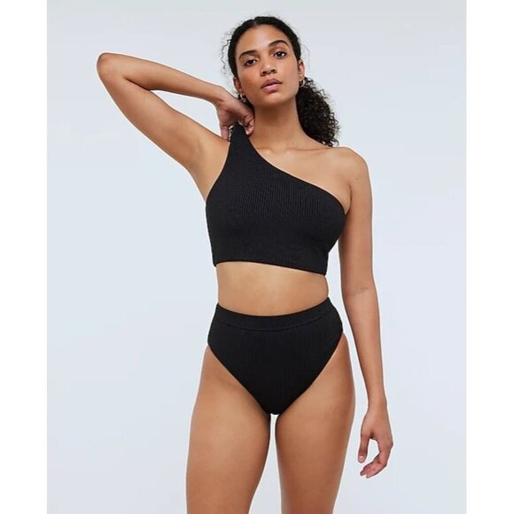 Madewell Ribbed One-Shoulder Longline Bikini Top black sz M - Picture 1 of 7